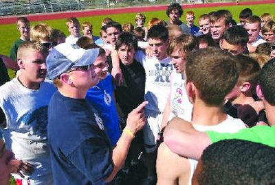 
Central Valley track coach Chuck Bowden gave the Bears some motivation before practice Tuesday, as they get ready for a tough district meet. 
 (J. BART RAYNIAK / The Spokesman-Review)