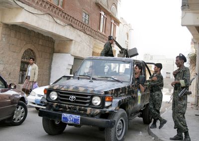 A Yemeni security armored vehicle patrols San’a, Yemen, on Monday.  (Associated Press / The Spokesman-Review)