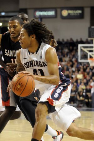Gonzaga's Steven Gray drives past San Diego State's Tim Shelton on Tuesday, Nov. 16, 2010, at the McCarthey Athletic Center at Gonzaga University.  San Diego got out front early and lead at halftime 42-37. (Jesse Tinsley / The Spokesman-Review)