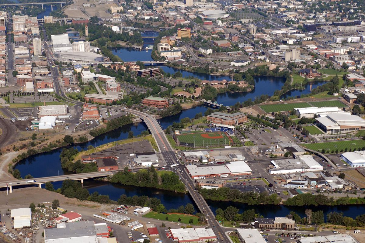 The Spokane River flows into downtown Spokane, zigging around Gonzaga University (lower right) and zagging around downtown’s eastside in this 2008 photo. The river, which ties North Idaho and Spokane together, flows from Lake Coeur d’Alene to the Columbia. (Jesse Tinsley / The Spokesman-Review)