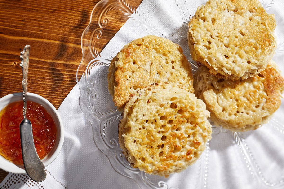 For sourdough crumpets, the discard, baking soda, salt and sugar are mixed and then immediately cooked on a griddle. (Tom McCorkle / For The Washington Post)