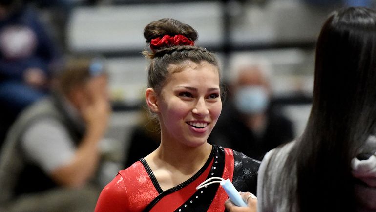 Ferris High School’s Maile Rocha smiles before competing in the the GSL gymnastics championships at Mead Gymnastics Center on Wed. June 9, 2021 (Kathy Plonka/The Spokesman-Review)