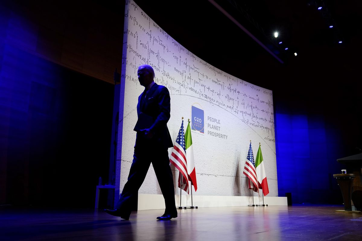 President Joe Biden walks off the stage after speaking during a news conference at the conclusion of the G20 leaders summit, Sunday, Oct. 31, 2021, in Rome.  (Evan Vucci)