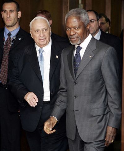 The prime minister of Israel, Ariel Sharon, left, arrives for a meeting Sunday with U.N. Secretary-General Kofi Annan at U.N. headquarters in New York.
(Associated Press / The Spokesman-Review)