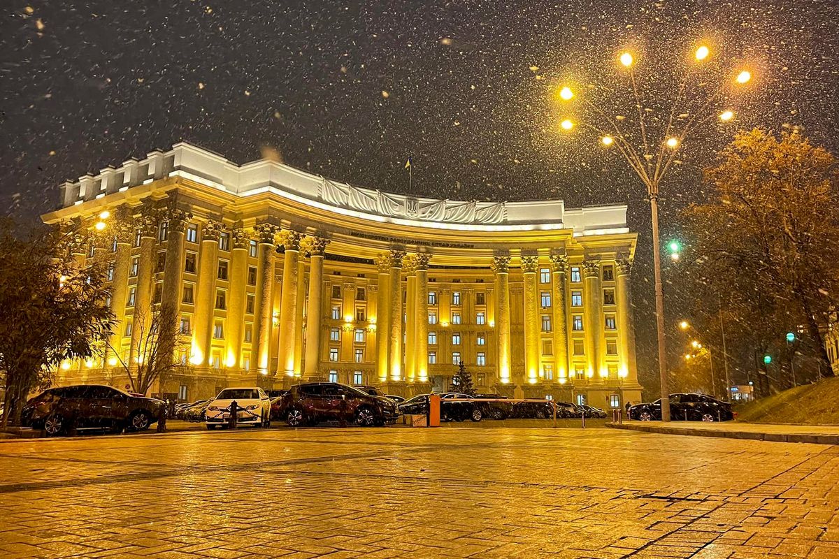 In this undated handout photo released by Ukrainian Foreign Ministry Press Service, the building of Ukrainian Foreign Ministry is seen during snowfall in Kyiv, Ukraine. Ukrainian officials and media reports say a number of government websites in Ukraine are down after a massive hacking attack. While it is not immediately clear who was behind the attacks, they come amid heightened tensions with Russia and after talks between Moscow and the West failed to yield any significant progress this week.  (HOGP)