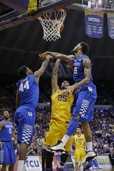 LSU’s Jordan Mickey found tough going inside against Kentucky. (Associated Press)