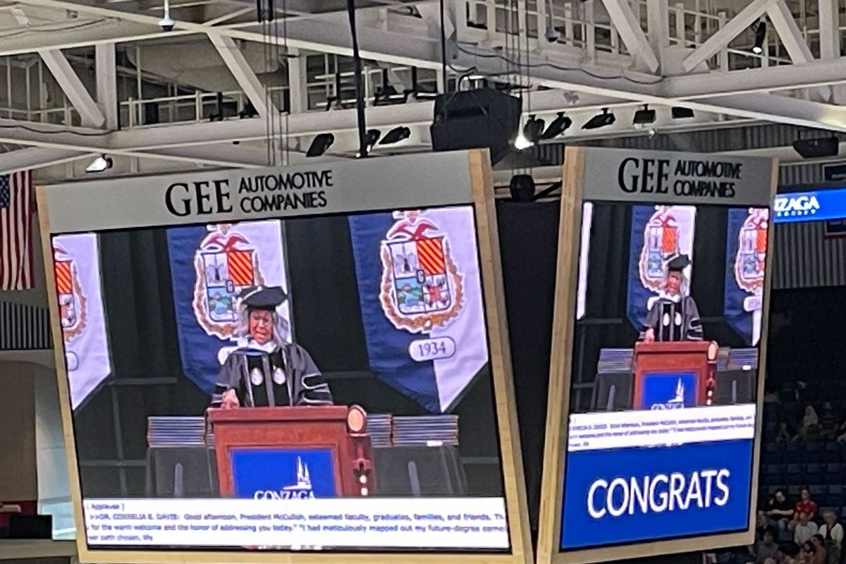 Dr. Cornelia "Connie" Davis, a 1967 Gonzaga University graduate, implored students to "believe in your potential," "view risks as opportunities for growth" and "embrace discomfort as the catalyst for change" on Saturday, May 10, 2025, at the 132nd Gonzaga Graduate Commencement at the McCarthey Athletic Center in Spokane. (Garrett Cabeza/The Spokesman-Review)