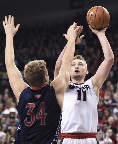 Gonzaga forward Domantas Sabonis (11) shoots over Saint Mary's during the second half of a college basketball game on Saturday, Feb 20, 2016, at The McCarthey Athletic Center in Spokane, Wash. (Tyler Tjomsland / The Spokesman-Review)