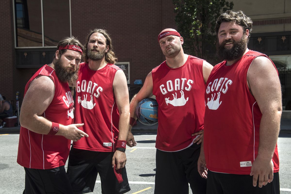 Members of the Cooked as a Goat Hoopfest team include, from left, Mike Ott, Paul Terrell, Michael Roos and Jeff Christiansen. (Dan Pelle / The Spokesman-Review)