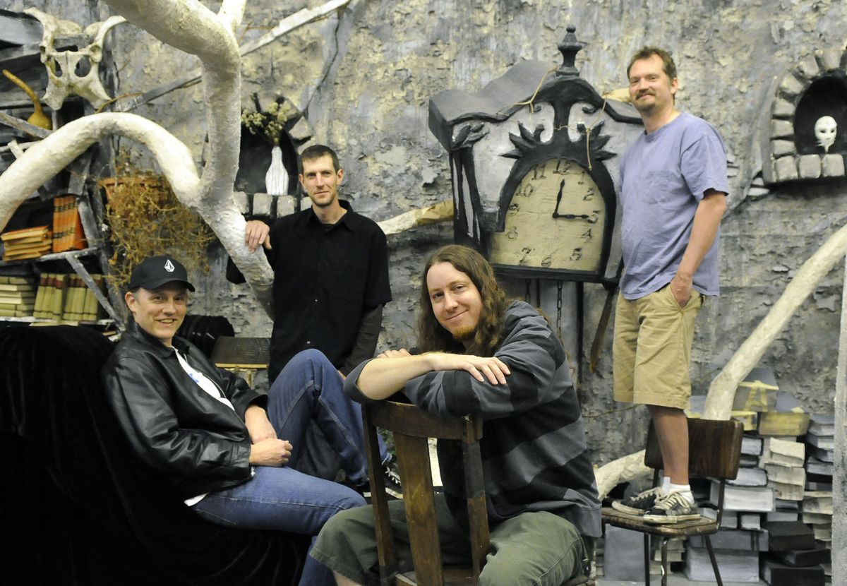 Filmmakers Mike Corrigan, Travis Hiibner, Gary McLeod and Derrick King on the set of their latest untitled movie in northeast Spokane, May 26.  (Photos by DAN PELLE / The Spokesman-Review)