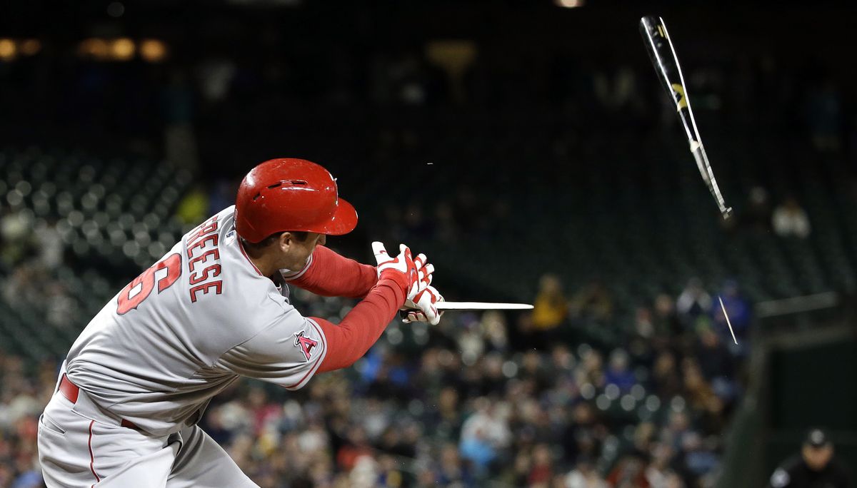 Angels’ David Freese shatters his bat in the sixth, but his 2-run homer in the fourth inning was the difference. (Associated Press)