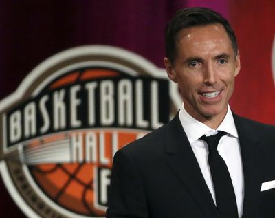 In this Sept. 7, 2018 photo, Steve Nash speaks during induction ceremonies at the Basketball Hall of Fame, in Springfield, Mass. The Brooklyn Nets hired Steve Nash as their coach Thursday, Sept. 3, 2020, putting the Hall of Fame point guard in charge of the team that hopes to have Kevin Durant and Kyrie Irving together next season.  (Associated Press)