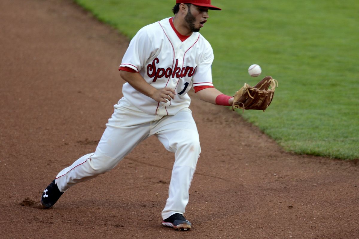 Spokane Indians third baseman Janluis Castro needs a few touches before corralling a grounder and throwing on to first for the out. (Colin Mulvany)