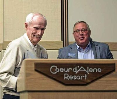 Coeur d'Alene businessman Duane Hagadone receives the Kyle Walker Champion of Tourism Award from Coeur d'Alene Chamber of Commerce CEO Steve Wilson. (Lisa James/Coeur d'Alene Chamber of Commerce)