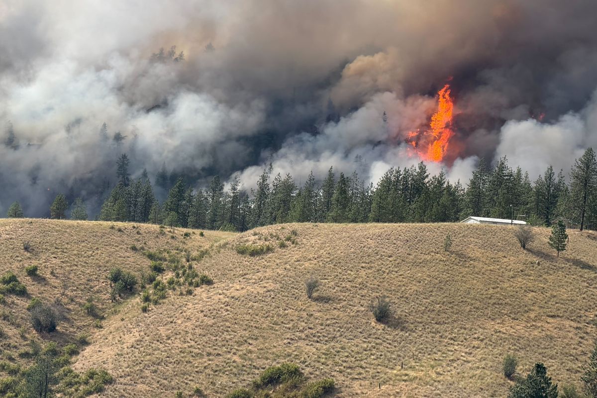 The Lake Spokane fire burns across the river at the Cove in Spokane County on Saturday. The fire grew to 2,000 acres on Sunday and is burning about 4 miles from the Long Lake Dam.  (Nick Gibson/The Spokesman-Review)