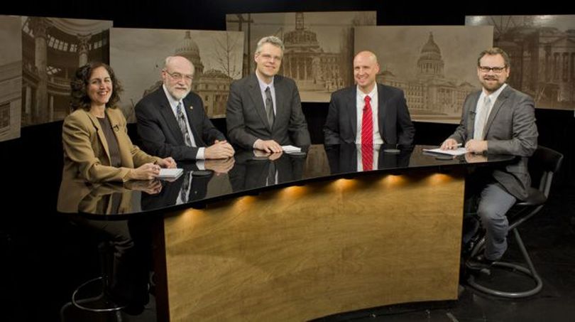 From left, Betsy Russell, Jim Weatherby, Kevin Richert, John Miller and host Greg Hahn discuss the final week of Idaho's 2011 legislative session on Friday's 