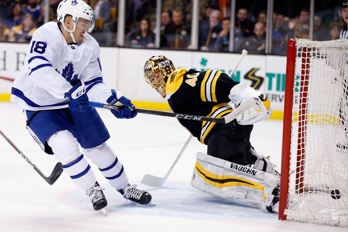 Toronto Maple Leafs’ Andreas Johnsson (18), of Sweden, scores on Boston Bruins’ Tuukka Rask (40), of Finland, during the first period of Game 5 of an NHL hockey first-round playoff series in Boston, Saturday, April 21, 2018. (Michael Dwyer / Associated Press)