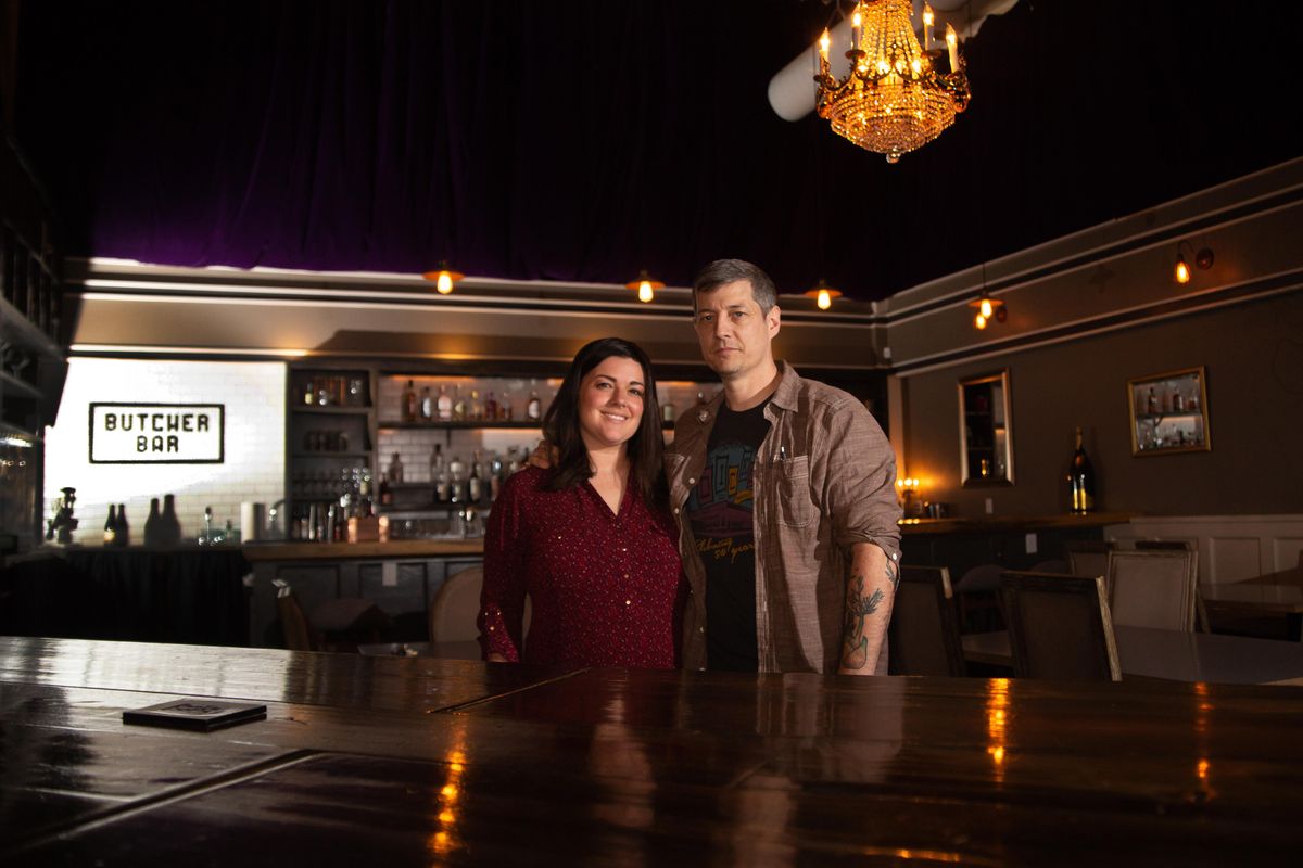 Co-owners Kate and Jeremy Hansen are photographed in the Butcher Bar at Smoke & Mirrors Saloon on May 9, 2019. Jeremy is also chef of the saloon, and the couple reinvented their restaurant, which was formerly known as Sante, to be the new saloon on 404 W. Main Avenue. (Libby Kamrowski / The Spokesman-Review)