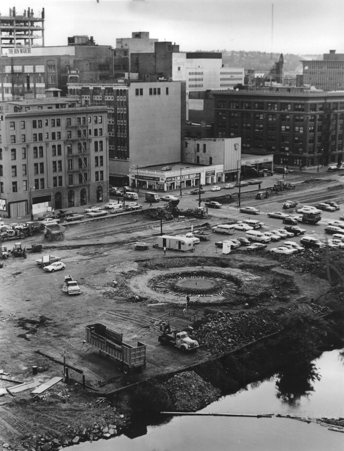 1973 - A doughnut-shaped excavation for the machinery under the historic Looff Carousel is shown on the grounds of Expo ’74 in Spokane. But the carousel wasn’t installed until after the world’s fair for fear that the venerable attraction might be damaged. The 10-sided building was used as a Bavarian beer garden at Expo ’74. (PHOTO ARCHIVE/THE SPOKESMAN-REVIEW / SR)
