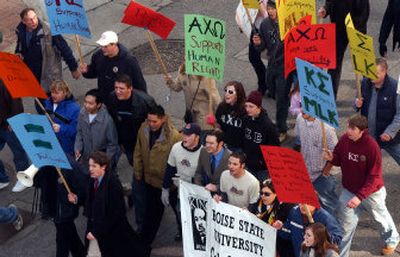 
Boise State University students lead a march Monday through downtown Boise in honor of Martin Luther King Jr. Hundreds joined in the annual March for Peace. 
 (Associated Press/The Idaho Statesman, Joe Jaszewski / The Spokesman-Review)