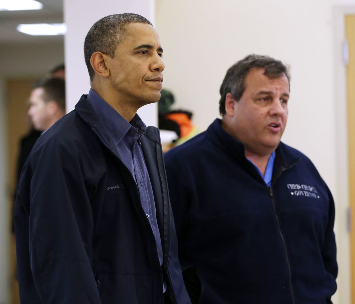 President Barack Obama and New Jersey Gov. Chris Christie visit the Brigantine Beach Community Center to meet with local residents, Wednesday, Oct. 31, 2012,  in Brigantine, NJ. Obama traveled to Atlantic Coast to see first-hand the relief efforts after Superstorm Sandy damage the Atlantic Coast. (Pablo Monsivais / Associated Press)