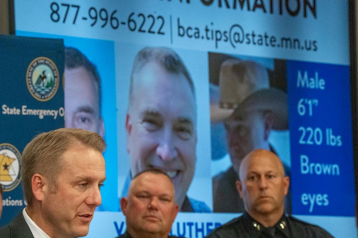 Above: Drew Evans, superintendent of the Minnesota state Bureau of Criminal Apprehension, left, speaks Saturday about Vance Luther Boelter, a suspect in the fatal shooting of state Rep. Melissa Hortman and her husband, Mark, at a news conference in Blaine, Minn. At left: Bullet holes are seen in the door outside the home of Minnesota state Sen. John Hoffman on Sunday in Champlin, Minn. Hoffman and his wife, Yvette, were shot at their home but survived. (Jerry Holt)