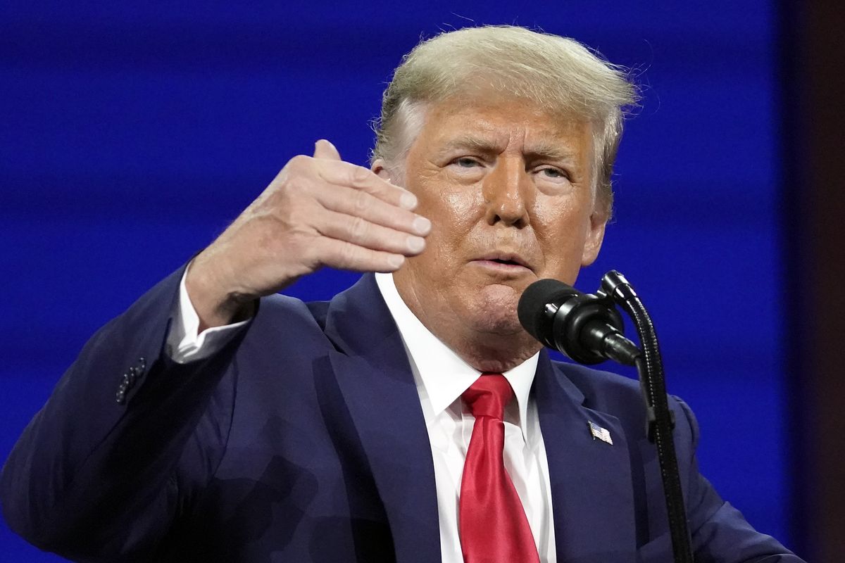 FILE - Former president Donald Trump speaks at the Conservative Political Action Conference (CPAC) Sunday, Feb. 28, 2021, in Orlando, Fla. A judge is hearing arguments Thursday, Feb. 17, 2022, in Trump