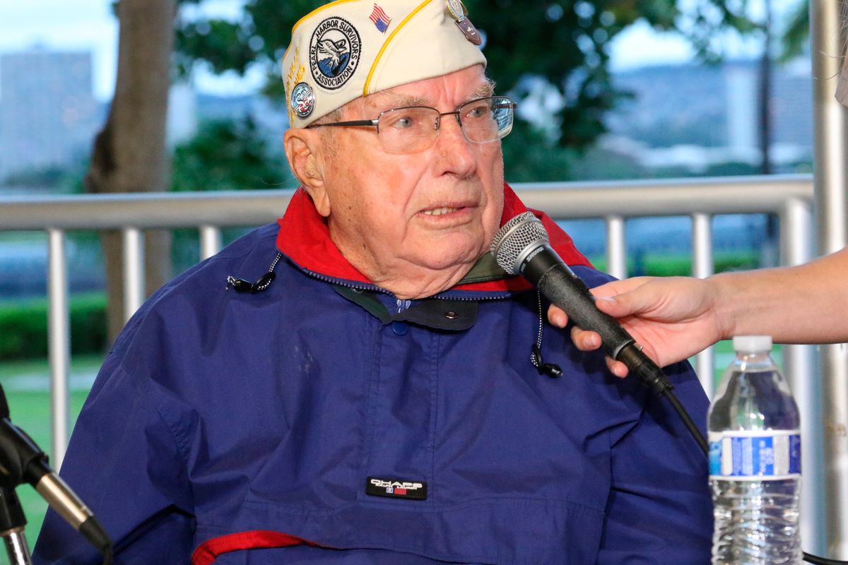 Pearl Harbor survivor Herb Elfring speaks at a news conference in Pearl Harbor, Hawaii on Sunday, Dec. 5, 2021. A few dozen survivors of Pearl Harbor are expected to gather Tuesday, Dec. 7 at the site of the Japanese bombing 80 years ago to remember those killed in the attack that launched the U.S. into World War II.  (Audrey McAvoy)
