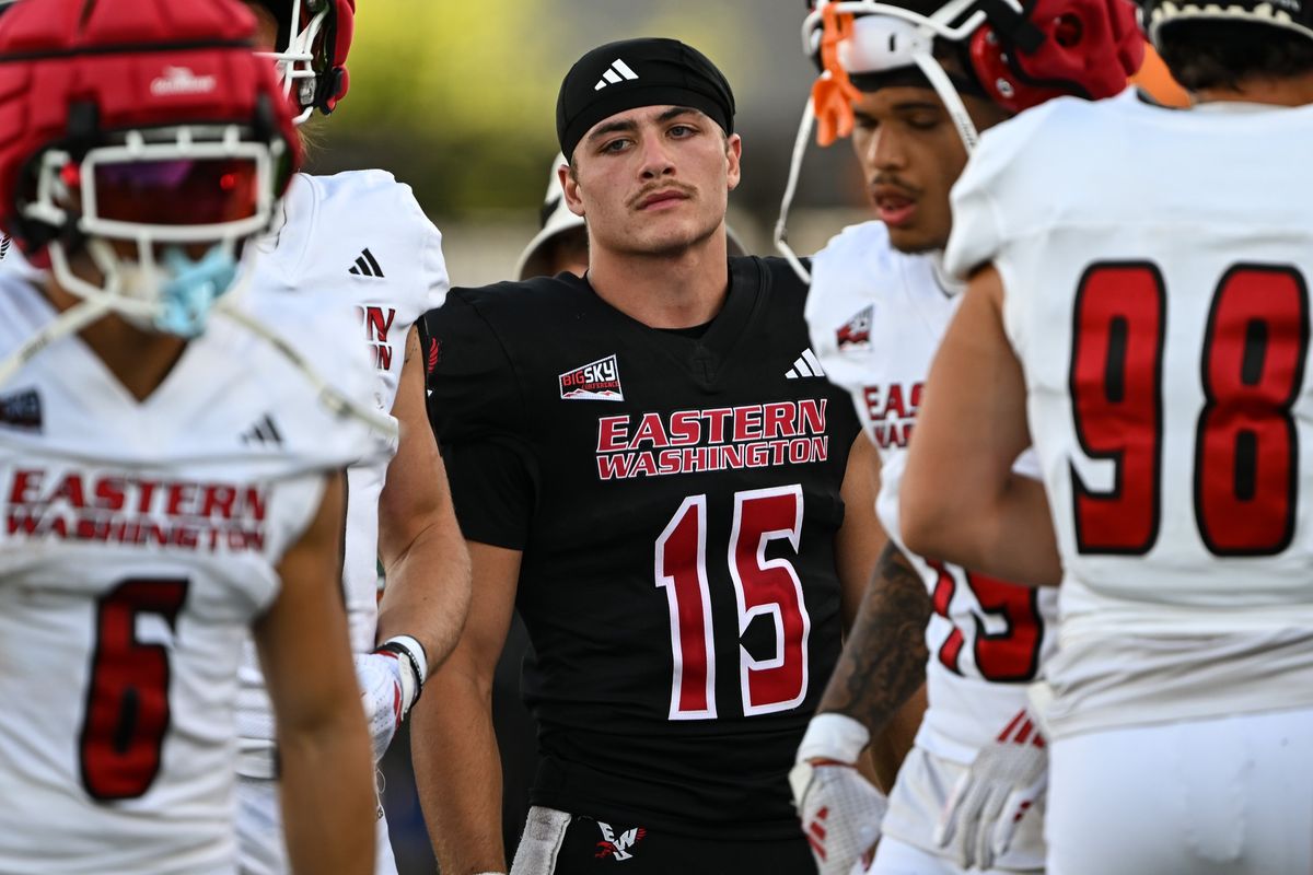 Jared Taylor (15), who was a run-first quarterback option for Eastern Washington last season, will get his chance to start for the Eagles this fall.  (Tyler Tjomsland/The Spokesman-Review)