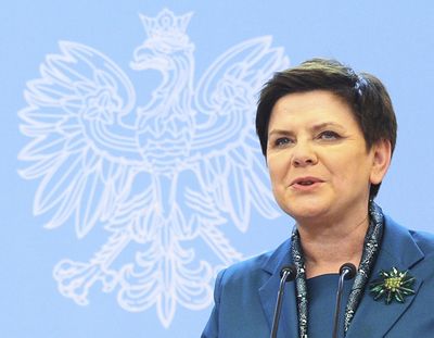 In this Feb. 7, 2017 file photo, Polish Prime Minister Beata Szydlo speaks during a press conference in Warsaw, Poland. The main opposition party, the pro-European Union Civic Platform, said in Warsaw, Friday, March 17, 2017, it will officially file for a no-confidence vote against the government which, it says, “demolishes” Poland and want to bring it out of the EU. (Alik Keplicz / Associated Press)