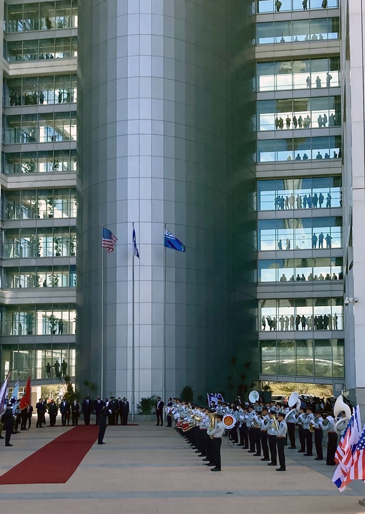 Ceremonies welcoming U.S. Defense Secretary Lloyd Austin are shown at the Ministry of Defense in Tel Aviv, Sunday, April 11, 2021.  (Robert Burns)