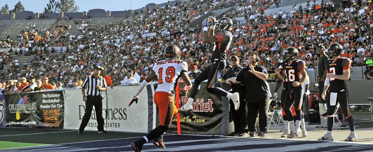 The Spokane Shock score in the first quarter as Adron Tennell catches an Erik Meyer pass against the Utah Blaze during their outdoor game at Albi Stadium in Spokane, Wash., Saturday, July 9, 2011.   (Christopher Anderson / The Spokesman-Review)