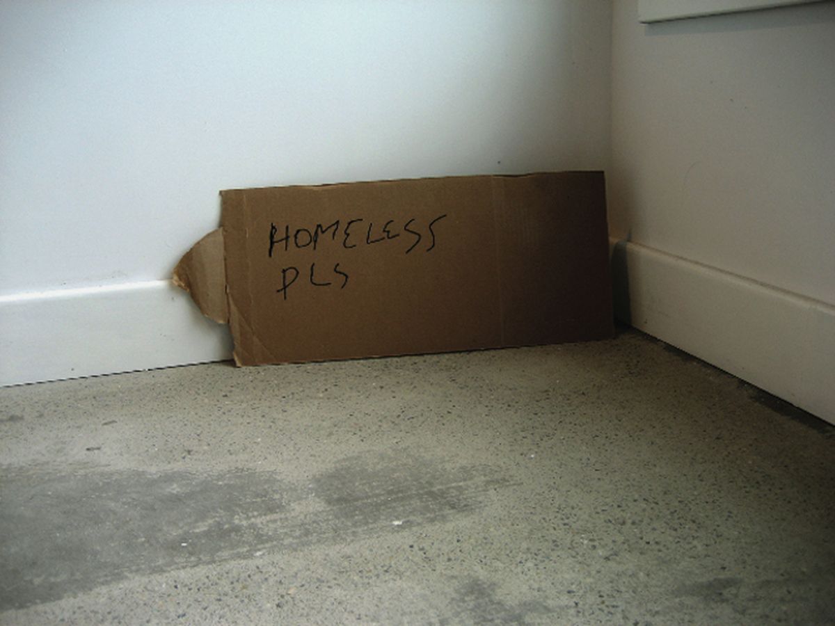 Marc Dombrosky’s “Homeless Pls.” Found sign with thread, 2008.  Image courtesy of Saranac Art Projects (Image courtesy of Saranac Art Projects / The Spokesman-Review)
