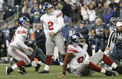 
It was Jay Feely's (2) three missed field goals, this one in regulation from 40 yards out, that helped Seahawks win.
 (File/Associated Press / The Spokesman-Review)