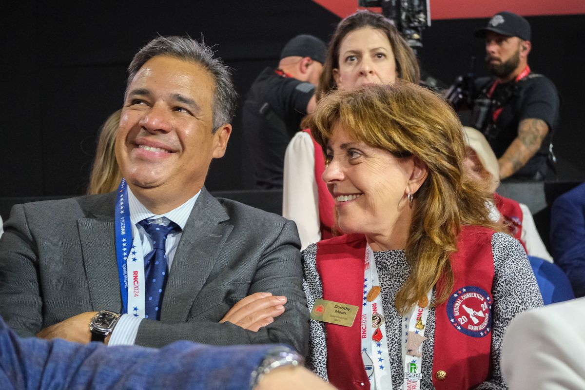 Idaho Attorney General Raul Labrador and Dorothy Moon, chair of the Idaho GOP, smile at the Republican National Convention in Milwaukee on July 18, 2024.  (Orion Donovan Smith/The Spokesman-Review)