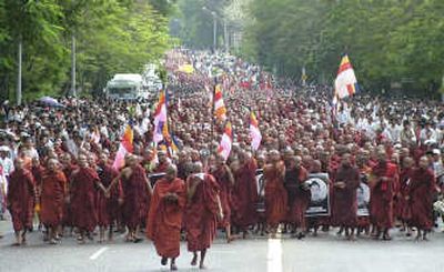 
Buddhist monks march  in protest Monday against the military government in Yangon, Myanmar. Associated Press
 (Associated Press / The Spokesman-Review)
