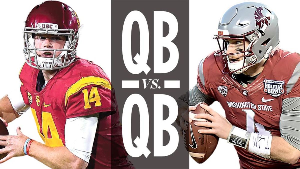 Southern Cal’s Sam Darnold, left, and Washington State’s Luke Falk face off Friday night at Martin Stadium. (File / AP)