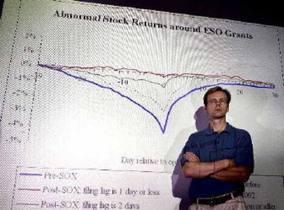 
University of Iowa finance professor Erik Lie stands next to a graph from his study on the backdating of executive stock options, on July 25, 2006, at the Tippie College of Business on the campus of the University of Iowa in Iowa City, Iowa. Lie's work on backdating is widely credited with exposing the latest scandal to rattle corporate America. 
 (Associated Press / The Spokesman-Review)