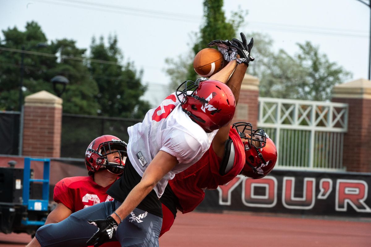 EWU defensive back Darrien Sampson interferes what would have been a touchdown pass during a preseason scrimmage on Aug. 18, 2018 in Cheney, Wash. Sampson is an incoming freshman. (Libby Kamrowski / The Spokesman-Review)