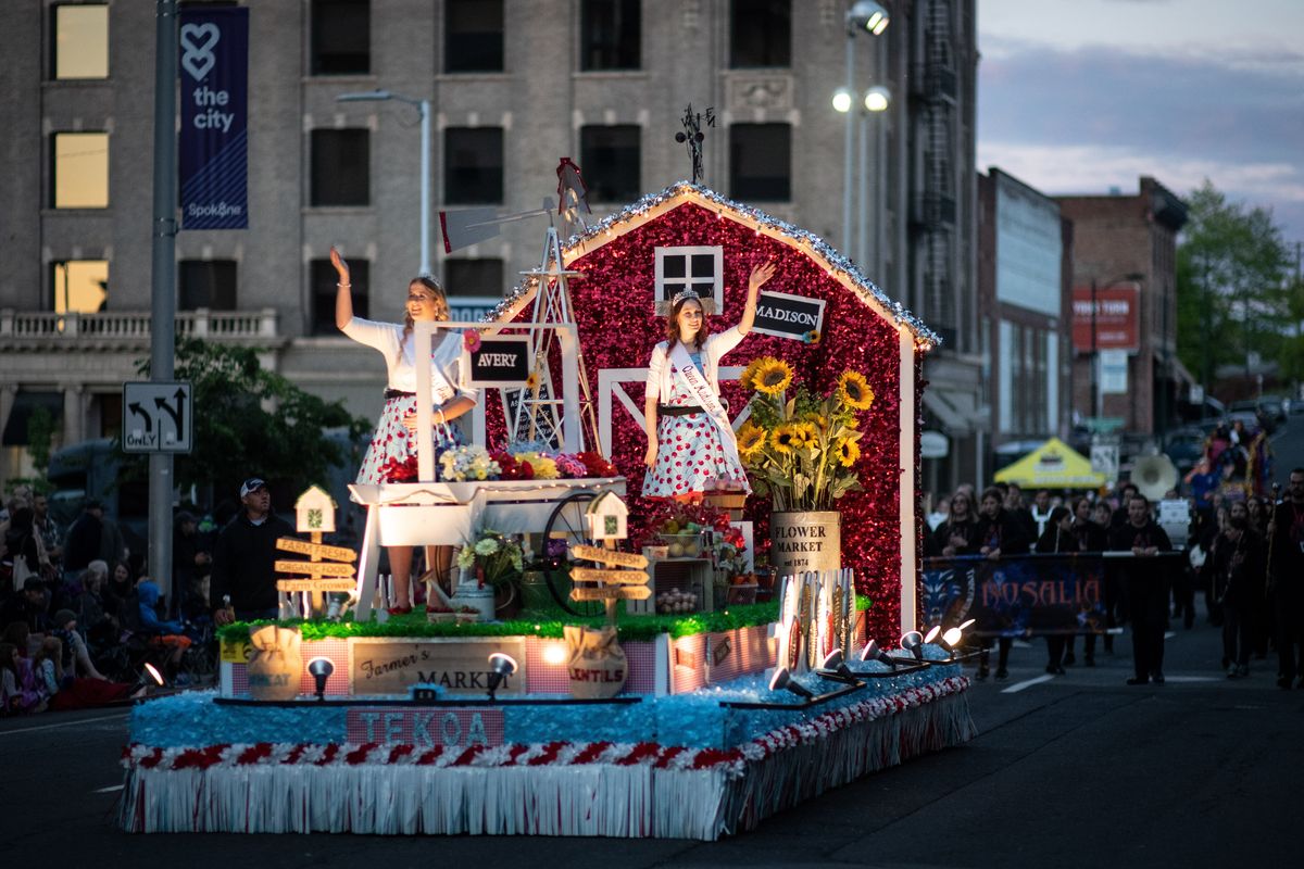 The Tekoa float make its way along First Avenue during the Lilac Festival’s 81st Armed Forces Torchlight Parade on May 18, 2019, in downtown Spokane.  (Colin Mulvany/The Spokesman-Review)