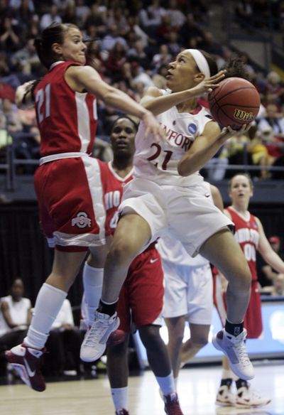 Stanford guard Rosalyn Gold-Onwude goes to the basket against Ohio State guard Samantha Prahalis.  (Associated Press / The Spokesman-Review)