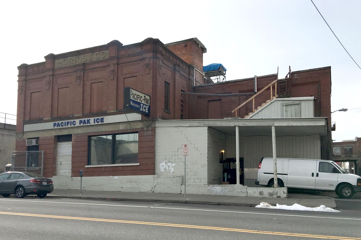 Present day: The old Morris and Co. building at 124 S. Jefferson, built in 1911, has housed the Pacific Pak Wholesale Ice plant since 1969. For almost 60 years before that it was a meat packing plant, where hanging beef sides would be unloaded from rail cars and carried through the building on hooks riding on steel rails from room to room. (Jesse Tinsley / The Spokesman-Review)