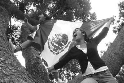 
Estefanie Fregofo, left, and Alejandra Padilla hold a Mexican flag in a tree at Plaza Park in Oxnard, Calif., on Monday as they protest proposed changes in immigration laws. 
 (Matt McClain The Ventura County Star / The Spokesman-Review)