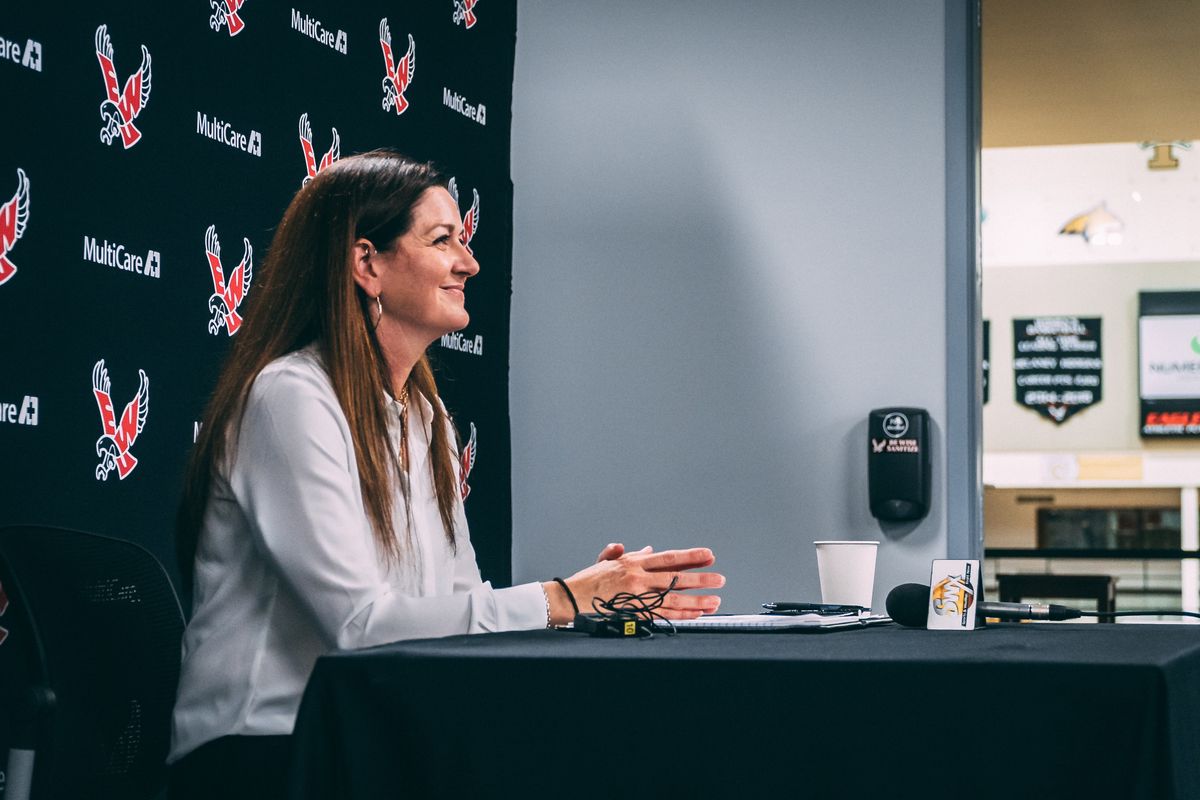 New Eastern Washington University women’s basketball coach Joddie Gleason is introduced on Monday at EWU.  (Courtesy of Trevor Bowens/EWU athletics)