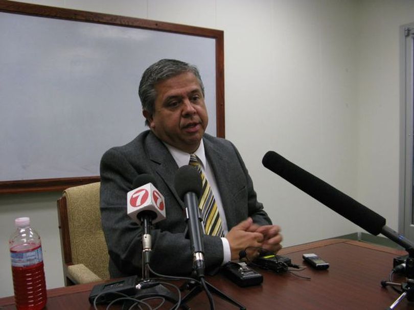 Idaho state schools Superintendent Tom Luna talks with reporters Monday (Betsy Russell)