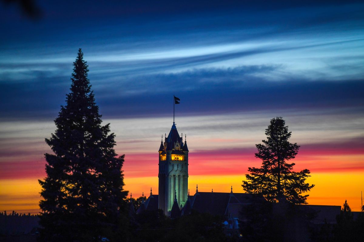 The Spokane County Courthouse is set against a brilliant sunset, Monday, June 4, 2018. (Dan Pelle / The Spokesman-Review)