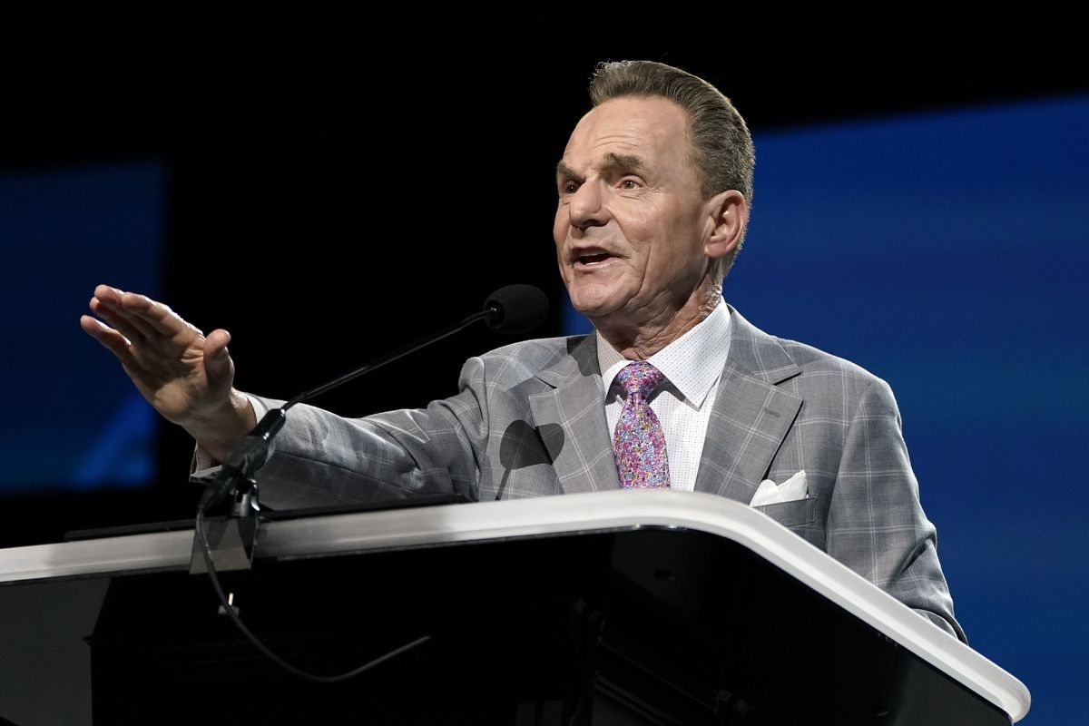 In this June 15, 2021 photo, Ronnie Floyd, president and CEO of the Executive Committee of the Southern Baptist Convention, delivers the executive committee report during the annual denomination