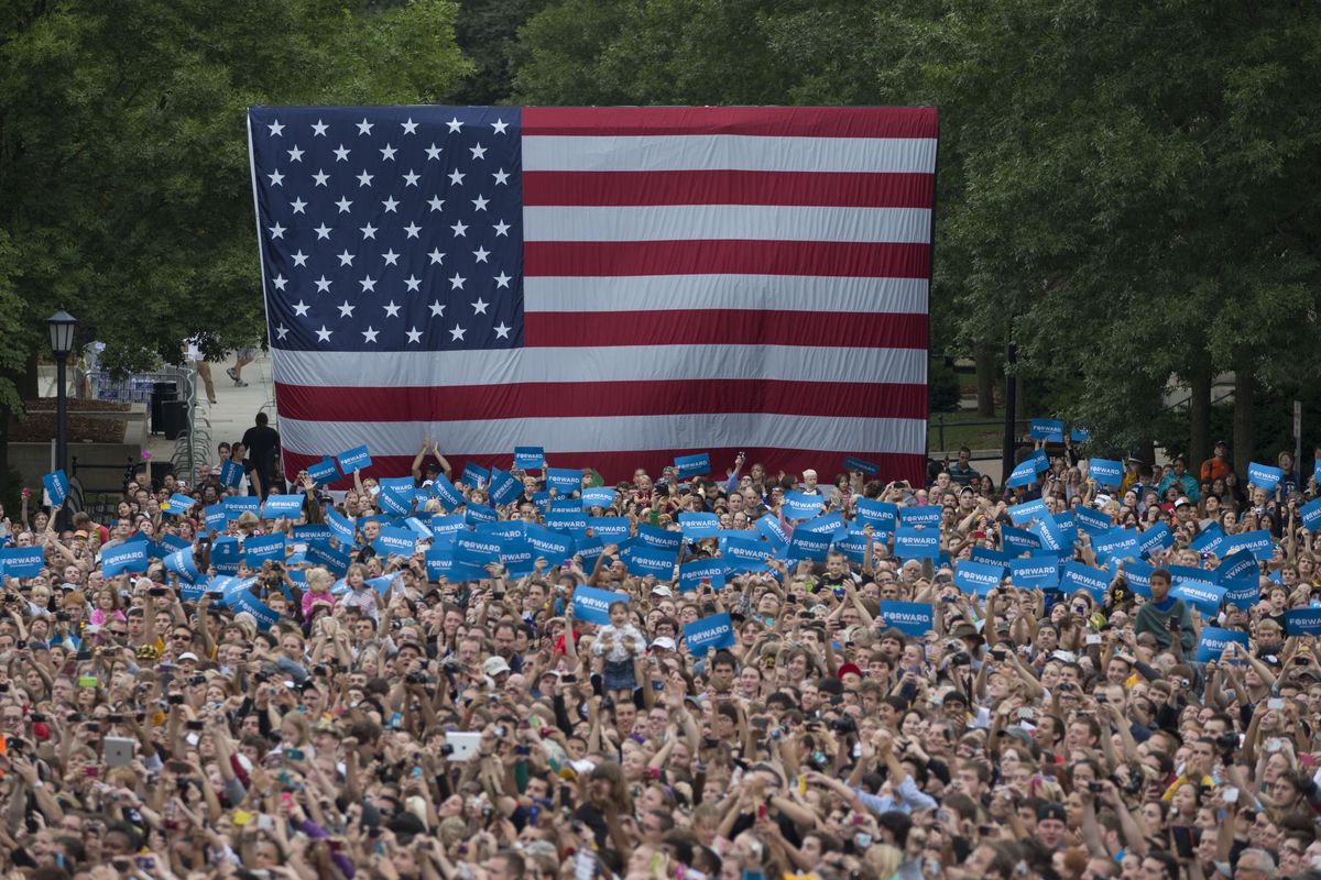 The crowd cheers as President Barack Obama speaks at a campaign event at University of Iowa, Friday, Sept. 7, 2012, in Iowa City, Iowa. (Carolyn Kaster / Associated Press)