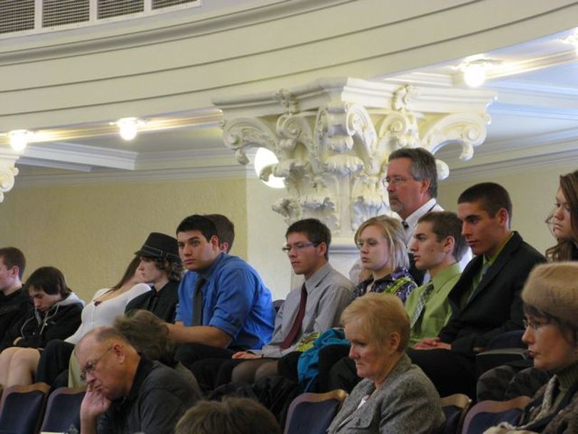 Students from a government class at Eagle High School watch the House debate the teacher merit-pay bill on Wednesday. (Betsy Russell)