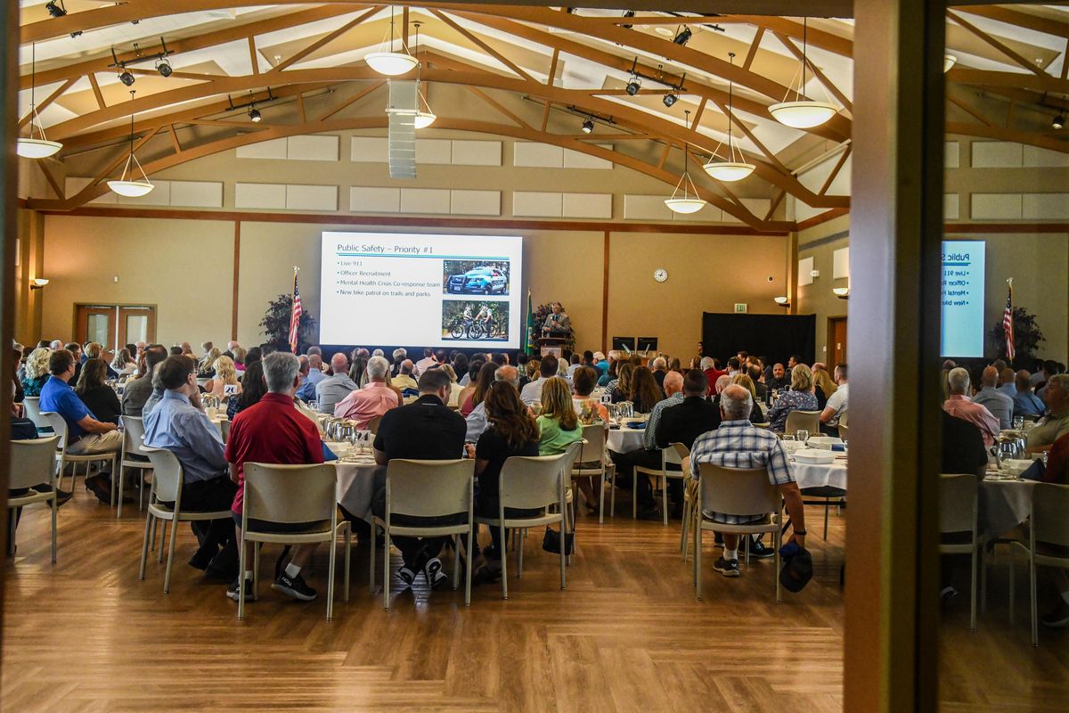 A sizable crowd gathers to hear Spokane Valley Mayor Ben Wick deliver the "State of the City," Wednesday, July 21, 2021 at CenterPlace Regional Event Center in Spokane Valley, Wa.  (Dan Pelle/THE SPOKESMAN-REVIEW)